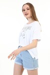 Kadın Baskılı Taşlı Beyaz T-Shirt 20009