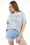 Kadın Baskılı Taşlı Gri T-Shirt 20009