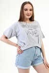 Kadın Baskılı Taşlı Gri T-Shirt 20009