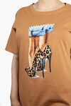 Kadın Ayakkabı Baskılı Penye T-Shirt 21007B1 Taba