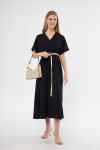 Kadın Yazlık Uzun Elbise Beli Lastikli Kuşaklı Kruvaze Yaka Bürümcük Kumaş 24024 Siyah