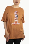 Kadın Oje Baskılı Penye T-Shirt 21007B2 Taba