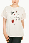 Kadın Yüz Çizim Baskılı T-Shirt 21008B1 Pudra