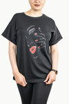 Kadın Yüz Çizim Baskılı T-Shirt 21008B1 Siyah